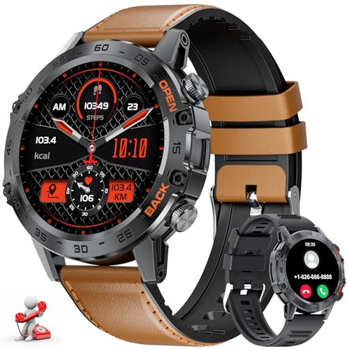 LIGE Smartwatch Herren mit Lederband, 1,39 Zoll Militär Smart Watch mit 24/7Herzfrequenz, Blutdruck, Schlafüberwachung für Android iOS, 100+ Sportmodi Fitnessuhr, IP67 Wasserdicht, Telefonfunktion von LIGE