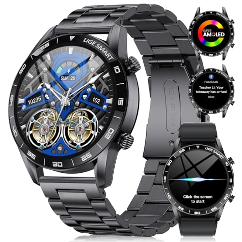 LIGE Smartwatch Herren mit Telefonfunktion, 1.43 Zoll AMOLED-Display Smart Watch mit Sprachassistent Herzfrequenz Schlafmonitor Schrittzähler Wasserdicht Fitness Tracker Armbanduhr für iOS Android von LIGE