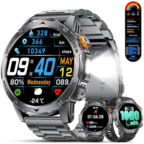 LIGE Smartwatch Herren mit Telefonfunktion, 1000mAh Großer Akku/LED Taschenlampe/3 Armbänders, 1.75''Großes Display Fitness Tracker 100+ Sportmodi Outdoor Sportuhr für Android iOS, Tiefschwarz von LIGE