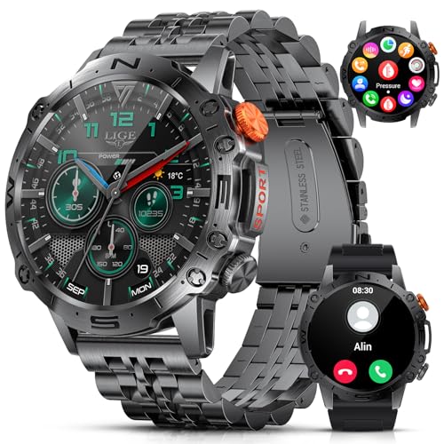 LIGE Smartwatch Herren mit Telefonfunktion, Anruf Nachricht Erinnerung, 1.43''AMOLED Bildschirm mit 24 Stunden Gesundheits Monitor, IP68 Wasserdicht Schrittzähler Kalorien Smartwatch für Android iOS von LIGE