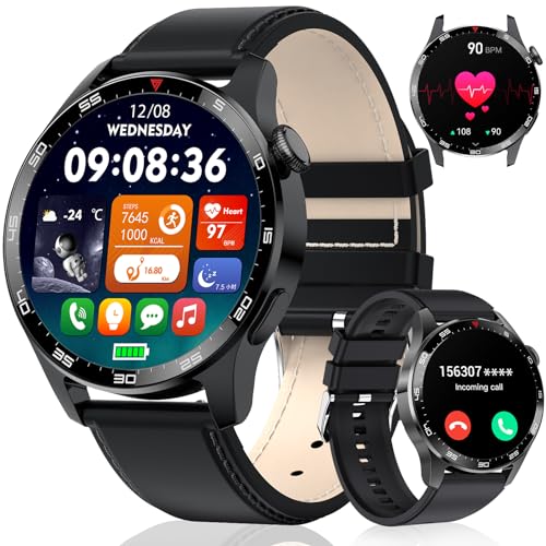 LIGE Smartwatch Herren mit Telefonfunktion,1.32'' HD Sport Fitness Armbanduhr,100 Sportmodi IP67 Wasserdicht Sportuhr mit Pulsmesser/Schrittzähler/Schlafmonitor for Android/iOS Schwarzes Leder von LIGE
