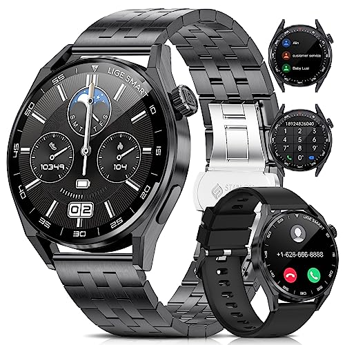 LIGE Smartwatch Herren mit Telefonfunktion,1.36 Zoll HD Voll Touchscreen Armbanduhr Herren mit 100+ Sportmodi Wasserdicht Aktivitätstracker,Herzfrequenz- und SpO2-Überwachung 400mah Schwarz von LIGE