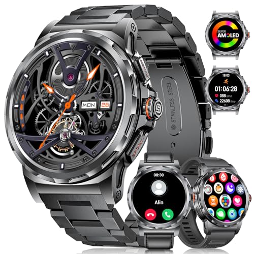 LIGE Smartwatch Herren mit Telefonfunktion,1.43" Amoled Display,100+ Sportmodi Militär Smart Watch für Android iOS,IP68 Wasserdicht Fitnessuhr mit Herzfrequenz Schlafmonitor 3 Armbänder, Schwarz von LIGE