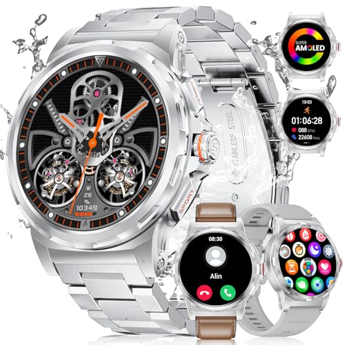 LIGE Smartwatch Herren mit Telefonfunktion,1.43" Amoled Display,100+ Sportmodi Militär Smart Watch für Android iOS,IP68 Wasserdicht Fitnessuhr mit 3 Armbänder, Silber von LIGE