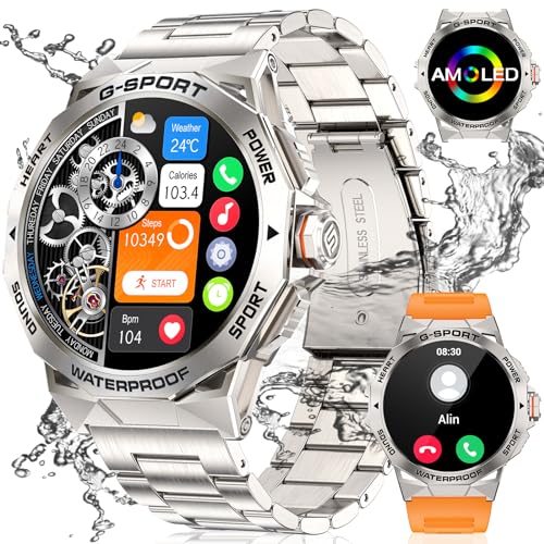 LIGE Smartwatch Herren mit Telefonfunktion,1.43'' Amoled HD Outdoor Sportuhr Smartwatch mit 120 Sportmodi,Pulsmesser/Schlafmonitor,5ATM Wasserdicht Schrittzähler,400mah Batterie Smartwatch Silber von LIGE