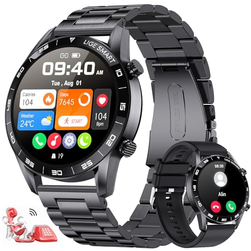 LIGE Smartwatch Herren mit Telefonfunktion,100+Sportmodi Fitness Tracker mit Herzfrequenz Schlafmonitor IP68 Wasserdicht Sportuhr,1.39" HD 2 Gurte Smart Watch für Android iOS Schwarz von LIGE