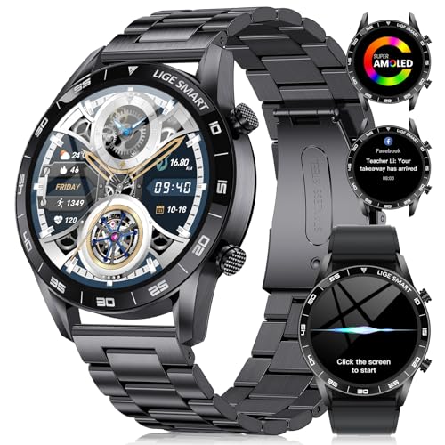 LIGE Smartwatch Herren mit Telefonfunktion und Sprachassistenz, 1.43 Zoll AMOLED-Display Smart Watch mit Herzfrequenz Fitnessfunktionen,109 Sportmodi Fitnessuhr für Android iOS, 2 Gurte, Schwarz von LIGE