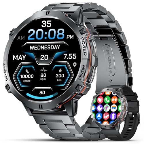 LIGE 1.73 Zoll AMOLED Großbildschirm Smartwatch Herren mit 900mAh Akku, Militär Smart Watch mit SpO2 Herzfrequenz Schlafmonitor,110+ Sportmodi,Schrittzähler,Wasserdicht 5ATM Fitnessuhr für Android iOS von LIGE