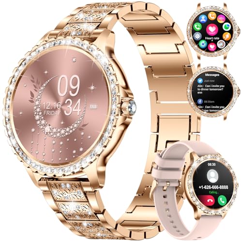 Smart Watch Frauen Bluetooth Anrufe für Android iOS Telefon Sport Fitness Activity Tracker Weiblich 1,32" HD Full Touch Screen Herzfrequenz Schlaf Monitor Diamant Damen Rose Gold Stahl Smartwatch von LIGE