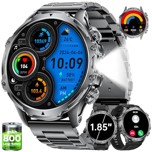 Smartwatch Herren,1.85'' HD Großes Display/800 mAh Akku/LED Taschenlampe Sportuhr Herren mit Telefonfunktion,110+ Sportmodi Fitnessuhr mit IP68 wasserdicht/Herzfrequenz/Schlafmonitor für Android iOS von LIGE