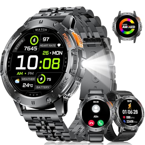 Smartwatch Herren Militärische mit Taschenlampe,600mAh Langer Akkulaufzeit,Telefonfunktion,AMOLED Großem Bildschirm,5ATM Wasserdicht Herzfrequenz/Blutdruck/Schrittzähler Sportuhr für Herren Smartwatch Herren Militärische mit Taschenlampe,600mAh Langer Akkulaufzeit,Telefonfunktion,AMOLED Großem Bildschirm,5ATM Wasserdicht Herzfrequenz/Blutdruck/Schrittzähler Sportuhr für Herren von LIGE