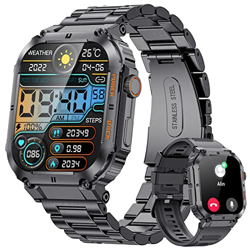 Smartwatch Herren Militärische mit Telefonfunktion,1.96'' HD Touchscreen,100+ Sportmodi Aktivitätstracker mit Herzfrequenz/SpO2/Schlafmonitor/Schrittzähler,400mah Sportuhr,5ATM Wasserdicht Schwarz von LIGE