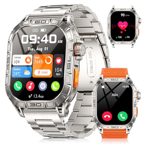 Smartwatch Herren mit 380mAh Langer Akku Benachrichtigung 1.96 Zoll AMOLED Touchscreen Telefonfunktion IP68 Wasserdicht Fitness Tracker Blutdruck/Herzfrequenz/Spo2 iOS Android Smartwatch von LIGE