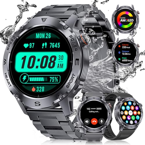Smartwatch Herren mit Telefonfunktion(3 Armbändern),1,43" AMOLED Smart Watch 400mAh Akku Sportuhr,120+ Sportmodi Herzfrequenz SpO2 Schlafmonitor,IP68 Wasserdicht Schrittzähler Fitnessuhr Android iOS von LIGE