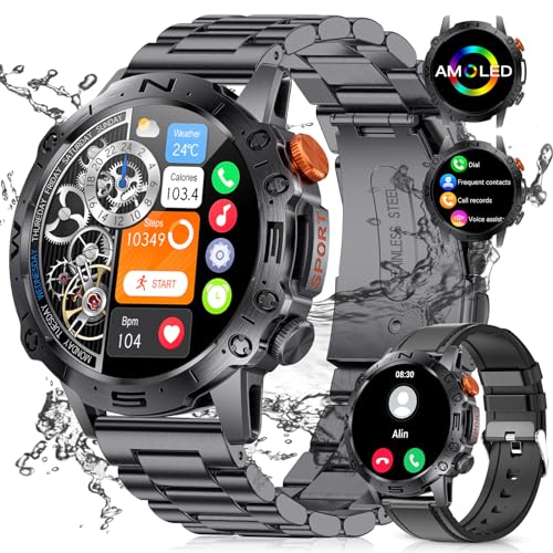 Smartwatch Herren mit Telefonfunktion, 1.43'' AMOLED Always on Display Militär Smartwatch mit 360mAh Akku,100+ Sportmodi, Herzfrequenz/Schlafmonitor, IP67 Fitnessuhr Herren für Android iOS, Schwarz von LIGE