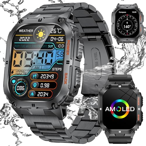 Smartwatch mit Telefonfunktion 380mAh Langer Akku 5ATM Wasserdicht 1.95Zoll AMOLED Touchscreen Always on Display Fitness Tracker Blutdruck/Herzfrequenz/Spo2 Tracker Uhren Herren für iOS Android von LIGE