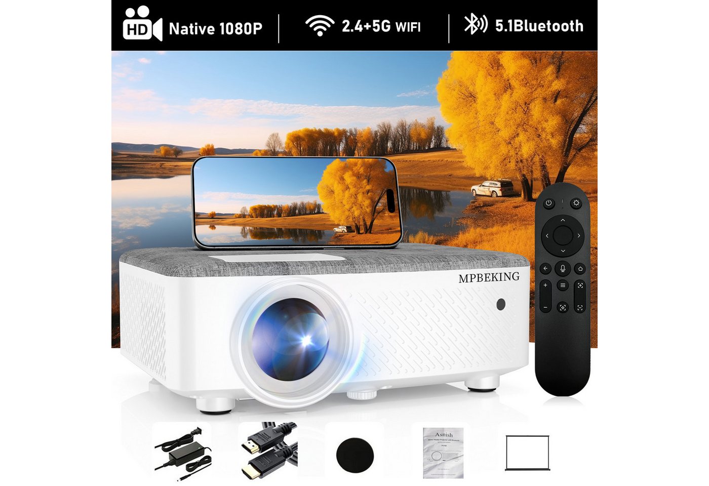 LIIMOO WiFi Beamer mit 120 Zoll Screen, 5D Konfokal+KI-Kalibrierung Beamer (25000 lm, 10000:1, 1920x1080 px, WiFi 6/4K+3D Video, Dual Bluetooth, iOS/Android/Xbox/PS5/TV/HDMI) von LIIMOO