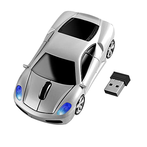 Sportwagen Form Kabellose Maus, 2.4G Funkmaus PC Maus 1600DPI Laptop Wireless Mouse, Optische Maus mit USB Nano Empfänger, Drahtlose Mäuse für Windows/Vista/Mac/Linux, Computer, Office Home (Silber) von LIKE SHOW