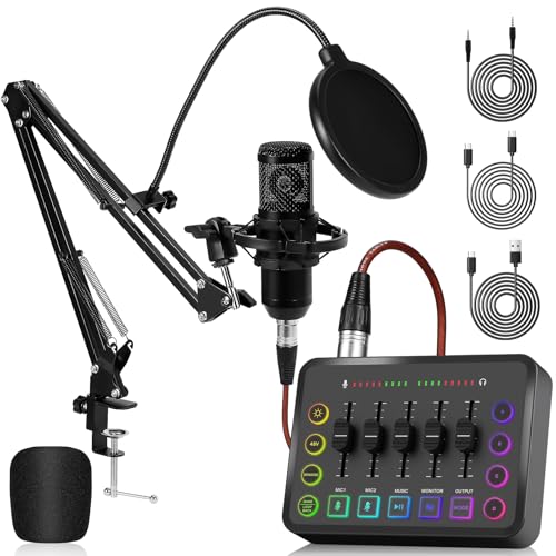 Podcast Mikrofon Bündeln, RGB Soundkarte für XLR Mikrofon, Audio Interface für Streaming Musiker, 48V Phantomspeisung, Mischpult für Live Streaming, Singen, YouTube, Gaming von LILUOSUO