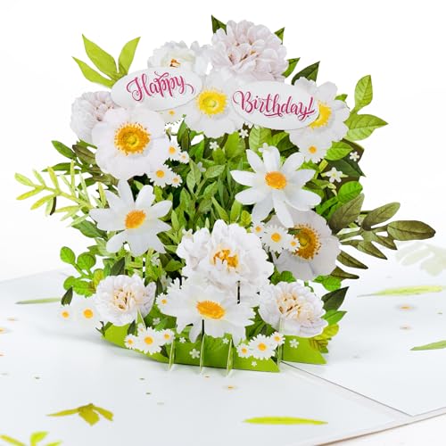LIMAH® Happy Birthday Pop-up 3D Geburtstagskarte zum Geburtstag für Frau, Freundin, Oma - kombinierbar mit einem Gutschein, Geschenk, oder Blumenstrauß - Motiv. Weiße Blumen mit grüner Deko von LIMAH