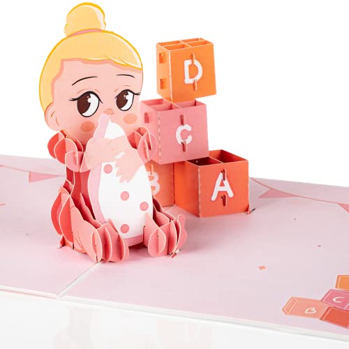 LIMAH® Pop Up 3D Baby Karte/Geschenkkarte, Glückwunschkarte zur Geburt für Mädchen/In Rosa/Motiv Baby Mädchen mit Fläschchen von LIMAH