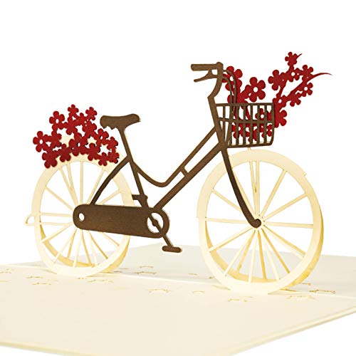 LIMAH® Pop Up 3D Blumen-Fahrrad-Karte, Glückwunschkarte, Geschenkkarte, Überraschungskarte Mit Einem Damenrad Und Roten Blumen Gut Kombinierbar Mit Einem Gutschein Zum Geburtstag von LIMAH