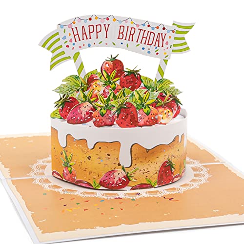 LIMAH® Pop Up 3D Geburtstagskarte - Glückwunschkarte mit einer Torte zum Geburtstag für Frauen, Männer und Kinder - passend zum Gutschein oder Geldgeschenk - Motiv Erdbeertorte mit Happy Birthday von LIMAH