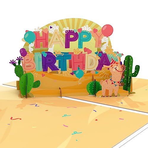 LIMAH® Pop Up 3D Geburtstagskarte für Kinder Happy Birthday. Geschnekkarte mit Alpakas für Jungen und Mädchen. Einladungskarte zur Geburtstagsfeier/-party. Gutscheinkarte für Kinder von LIMAH