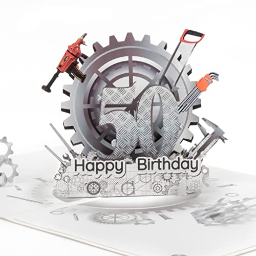 LIMAH® Pop Up 3D Geburtstagskarte zum 50. Geburtstag/Jubiläum für Mann, Opa, Papa - passend zum Gutschein, Geschenk oder Geldgeschenk - Motiv Happy Birthday 50 mit Zahnrädern und Werkzeug von LIMAH