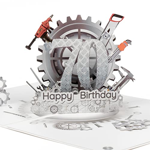 LIMAH® Pop Up 3D Geburtstagskarte zum 70. Geburtstag/Jubiläum für Mann, Opa, Papa - passend zum Gutschein, Geschenk oder Geldgeschenk - Motiv Happy Birthday 70 mit Zahnrädern und Werkzeug von LIMAH