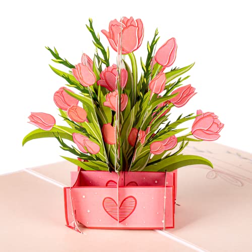 LIMAH® Pop Up 3D Glückwunschkarte zum Geburtstag, Valentinstag, Muttertag, Ostern/für Frau und Mann/Motiv rosa Tulpen in einer Box von LIMAH