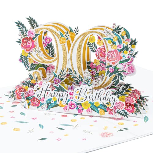LIMAH® Pop-Up 3D Grußkarte/ Hochwertige PopUp 3D Geburtstagskarte zum 90. Geburtstag /Happy Birthday Motiv/in weiß Gold/Groß mit Glitzer von LIMAH