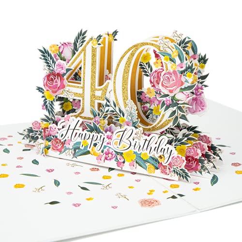 LIMAH® Pop-Up 3D Grußkarte/Hochwertige PopUp 3D Geburtstagskarte zum 40. Geburtstag/Happy Birthday Motiv/in weiß Gold/Groß mit Glitzer von LIMAH
