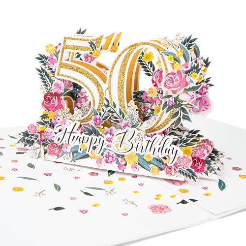 LIMAH® Pop-Up 3D Grußkarte/Hochwertige PopUp 3D Geburtstagskarte zum 50. Geburtstag/Happy Birthday Motiv/in weiß Gold/Groß mit Glitzer von LIMAH
