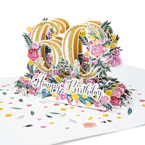 LIMAH® Pop-Up 3D Grußkarte/Hochwertige PopUp 3D Geburtstagskarte zum 60. Geburtstag/Happy Birthday Motiv/in weiß Gold/Groß mit Glitzer von LIMAH