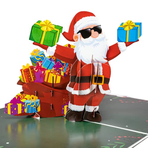 LIMAH® Pop-Up 3D Grußkarte/Hochwertige Weihnachtskarte/X-Mas Karte zu Weihnachten/in Grün/Motiv Cooler Weihnachtsmann mit Sonnenbrille und einem Geschenkesack von LIMAH