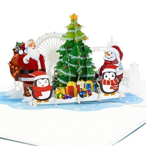 LIMAH® Pop-Up 3D Grußkarte/Hochwertige Weihnachtskarte/X-Mas Karte zu Weihnachten/in Weiß/Motiv Weihnachtsmann mit Pinguinen, Geschenken und einem Schneemann an einem Weihnachtsbaum von LIMAH