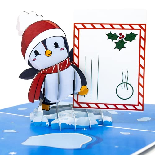 LIMAH® Pop-Up 3D Grußkarte/Lustige Weihnachtskarte/Gutschein-Karte, Geldgeschenk-Karte zu Weihnachten/Motiv Pinguin mit einem Umschlag/in Blau/mit befüllbaren Umschlag von LIMAH