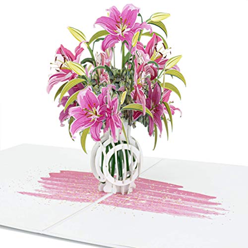 LIMAH® Pop-Up 3D Grußkarte/PopUp 3D Blumen-Karte zum Geburtstag für Sie, Muttertag, Valentinstag, Hochzeit/Lilien in einer Vase Motiv/in Rosa Weiss von LIMAH