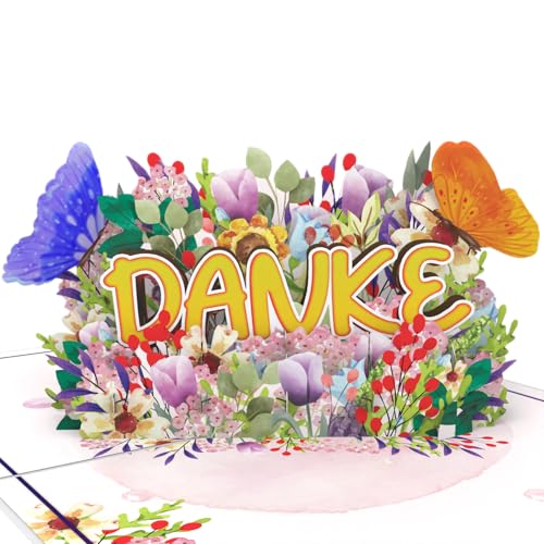 LIMAH® Pop-Up 3D Grußkarte/PopUp 3D Dankeskarte zum Geburtstag, Muttertag, Valentinstag, Hochzeitstag/Blumen Danke Schmetterlinge Motiv/in Gold Weiss Grün mit Glitzer von LIMAH