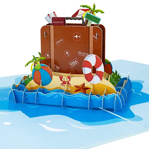 LIMAH® Pop-Up 3D Reisekarte/Gutscheinkarte für Urlaub, Reise, Ausflug/als Reisegutschein, Geschenk oder Geschenkkarte/Reisekoffer am Strand-Motiv/in lau von LIMAH