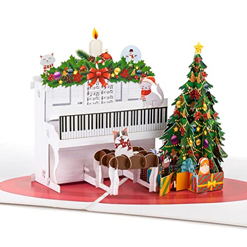 LIMAH® Pop-Up 3D Weihnachten- Weihnachtskarte mit einem Piano, süßen Katzen und einem Weihnachtsbaum– passend zum Gutschein oder Geldgeschenk – für Frau, Mann und Pianisten- Klavier und Tannenbaum von LIMAH