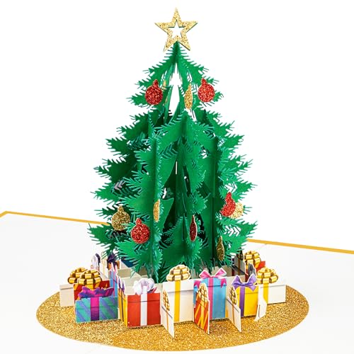 LIMAH® Pop-Up 3D Weihnachtskarte/X-Mas Karte zu Weihnachten/Weihnachtsbaum mit Geschenken Motiv/Für Mann und Frau in Weiss Gold/Groß mit Glitzer von LIMAH