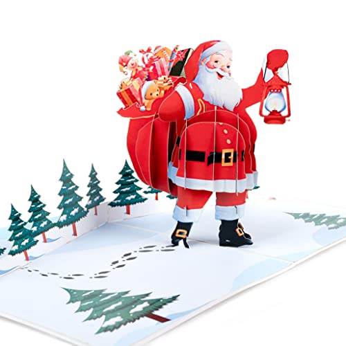 LIMAH® Pop-Up 3D Weihnachtskarte – Weihnachtsmann mit einer Laterne im Wald– passend zu Weihnachten zusammen mit einem Gutschein oder Geldgeschenk – für Frau, Mann oder Kinder- Santa mit Laterne von LIMAH
