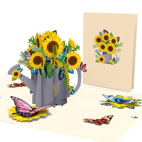 LIMAH® Pop-Up Blumen Karte, Sonnenblumen/für Frau, Mann als Geburtstagskarte, Dankeskarte oder für Gute Besserung/Motiv Gießkanne mit Sonnenblumen und 3D Schmetterlingen von LIMAH