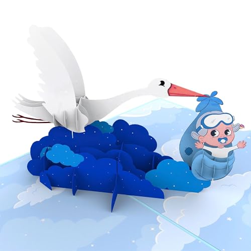 LIMAH® Pop Up Glückwunschkarte zur Geburt Junge/Baby Karte, Geschenk Karte, its a boy/In Blau/Motiv Storch mit Baby von LIMAH