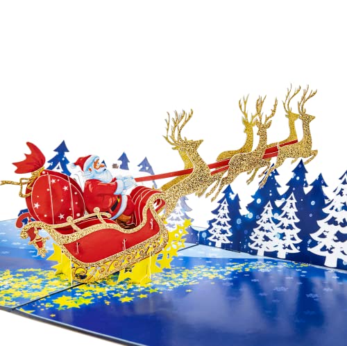 LIMAH® Pop-Up Karte Weihnachten - Außergewöhnliche 3D Weihnachtskarte - Nikolaus mit Schlitten und Rentieren - für Männer, Frauen und Kinder als Gutschein, Geldgeschenk oder zum Geschenk von LIMAH