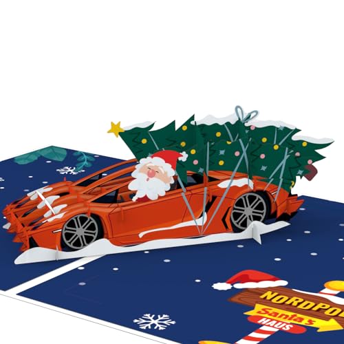 LIMAH® Pop-Up Karte Weihnachten Nikolaus im Sportauto - lustige 3D Weihnachtskarte mit Santa im Rennauto und einem Weihnachtsbaum - Geldgeschenk oder Gutschein für Autoliebhaber und Kinder von LIMAH