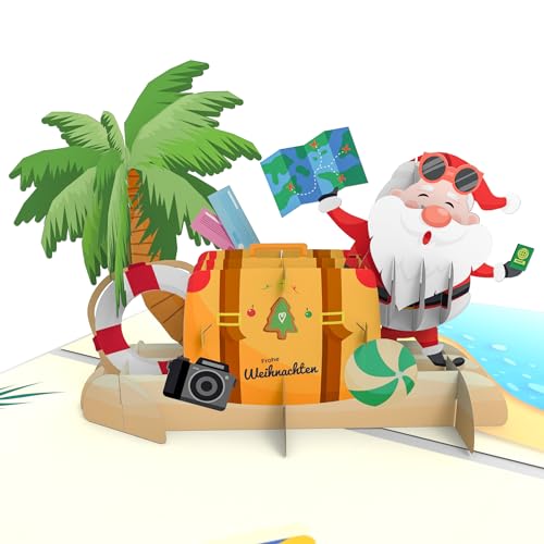LIMAH® Pop-Up Karte Weihnachten Nikolaus im Urlaub - lustige 3D Weihnachtskarte mit Santa am Strand - Geldgeschenk und Reisegutschein für Winterurlaub mit Umschlag von LIMAH