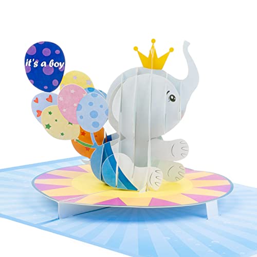 LIMAH® Pop-up 3D Karte zur Geburt für Jungen - Glückwunschkarte, Geburtskarte passend zum Geschenk, Gutschein oder Geldgeschenk für Neugeborene, its a Boy - Motiv Baby Elefant mit Luftballons in Blau von LIMAH